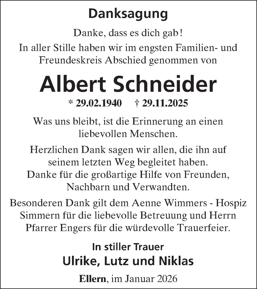  Traueranzeige für Albert Schneider vom 10.01.2026 aus WochenSpiegel