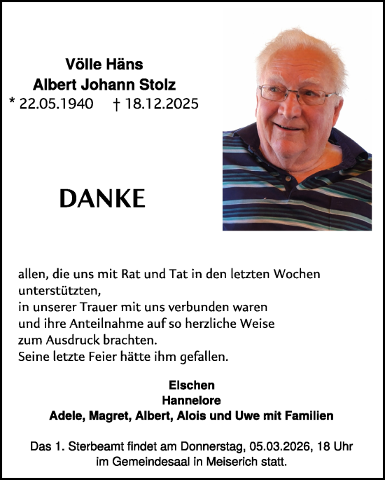 Traueranzeige von Albert Johann Stolz von WochenSpiegel