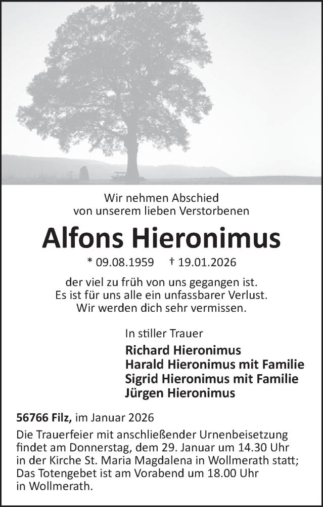  Traueranzeige für Alfons Hieronimus vom 28.01.2026 aus WochenSpiegel