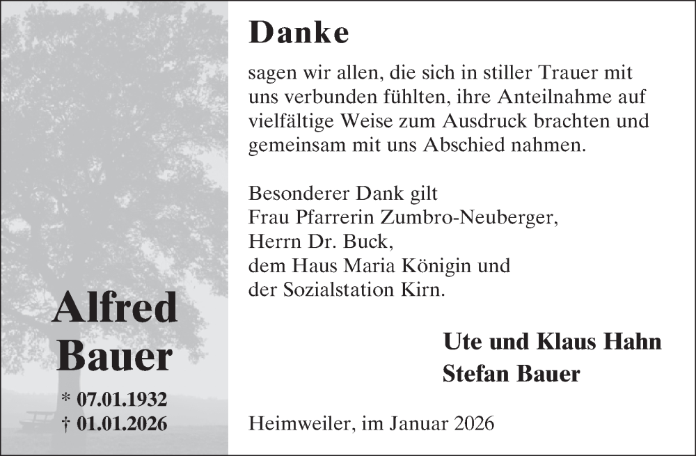  Traueranzeige für Alfred Bauer vom 31.01.2026 aus WochenSpiegel