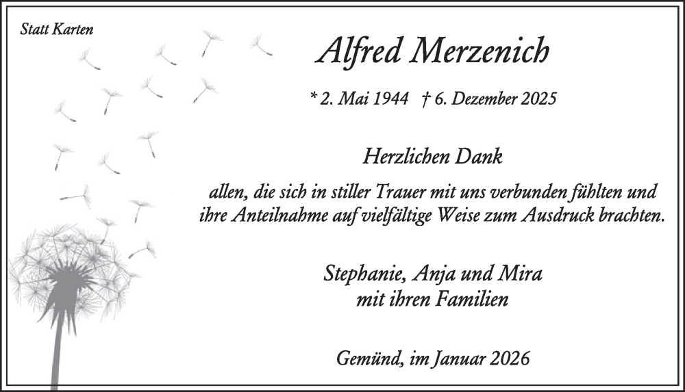  Traueranzeige für Alfred Merzenich vom 14.01.2026 aus WochenSpiegel
