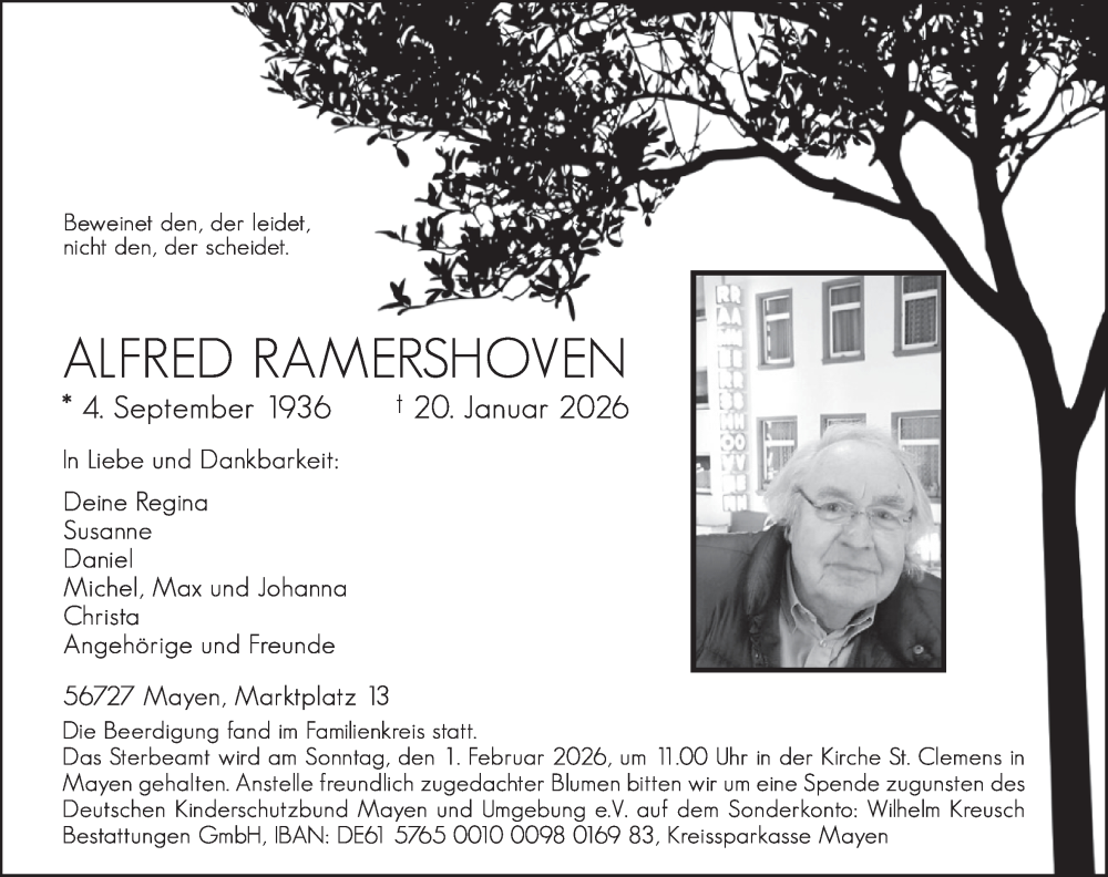  Traueranzeige für Alfred Ramershoven vom 28.01.2026 aus WochenSpiegel