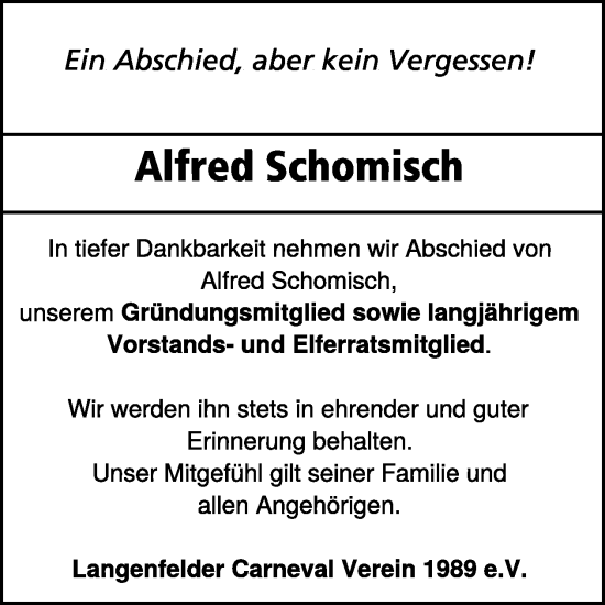 Traueranzeige von Alfred Schomisch von WochenSpiegel