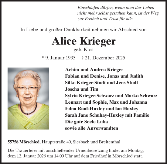 Traueranzeige von Alice Krieger von WochenSpiegel