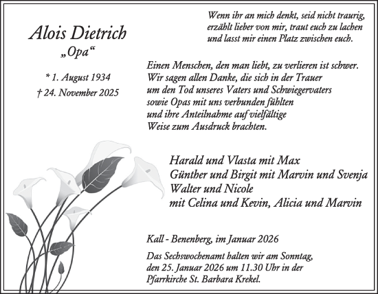 Traueranzeige von Alois Dietrich von WochenSpiegel