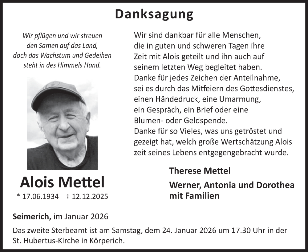  Traueranzeige für Alois Mettel vom 16.01.2026 aus WochenSpiegel