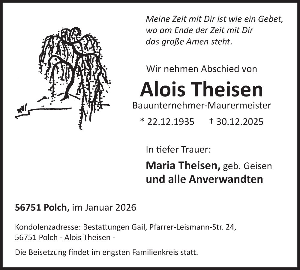  Traueranzeige für Alois Theisen vom 07.01.2026 aus WochenSpiegel