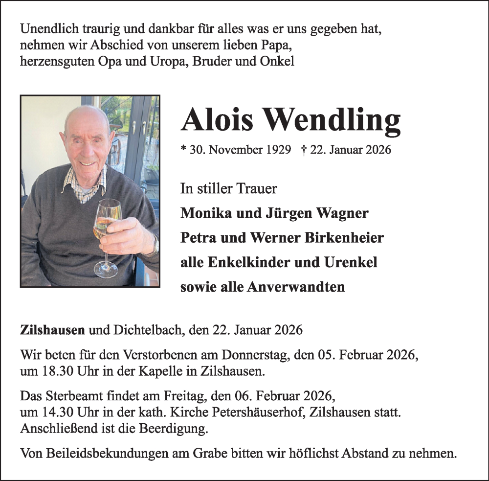  Traueranzeige für Alois Wendling vom 31.01.2026 aus WochenSpiegel