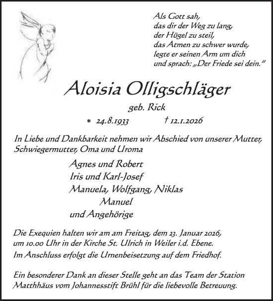 Traueranzeige von Aloisia Olligschläger von WochenSpiegel