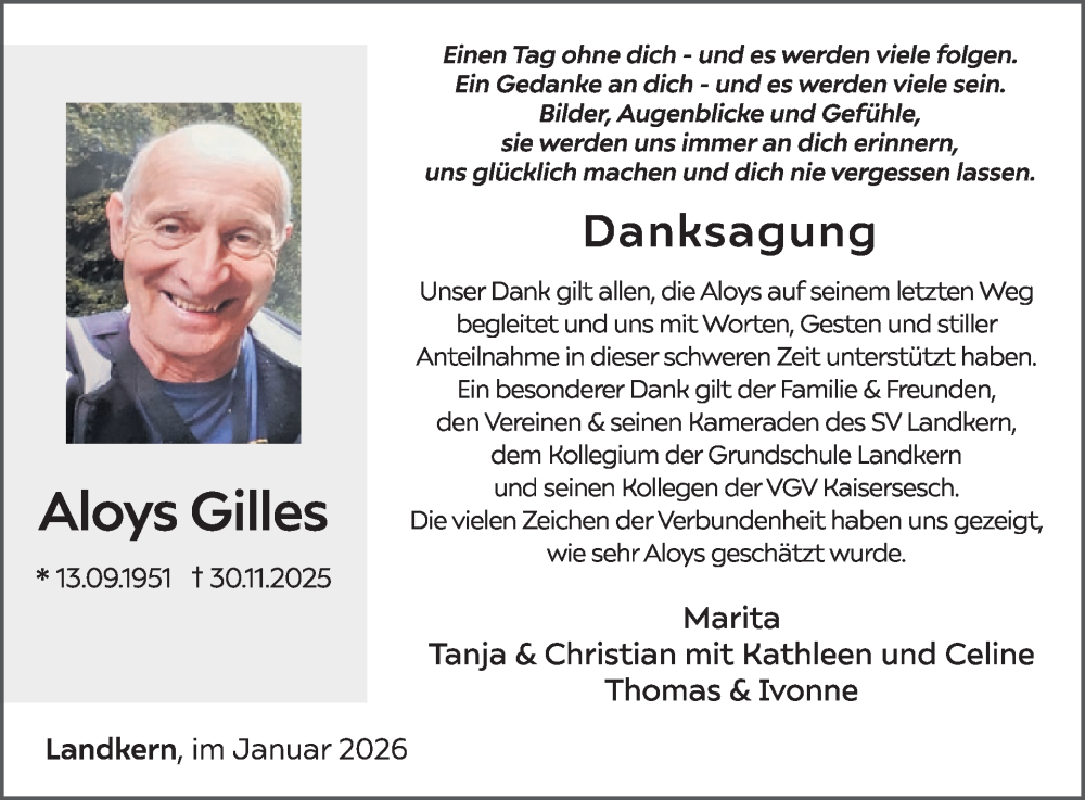  Traueranzeige für Aloys Gilles vom 14.01.2026 aus WochenSpiegel