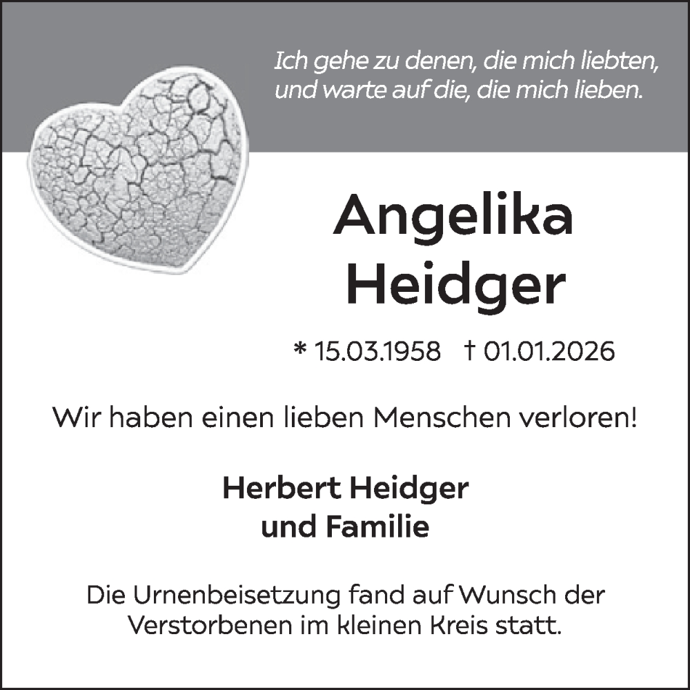  Traueranzeige für Angelika Heidger vom 28.01.2026 aus WochenSpiegel