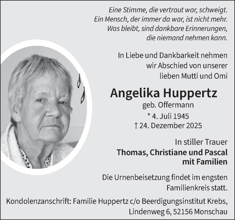  Traueranzeige für Angelika Huppertz vom 07.01.2026 aus WochenSpiegel