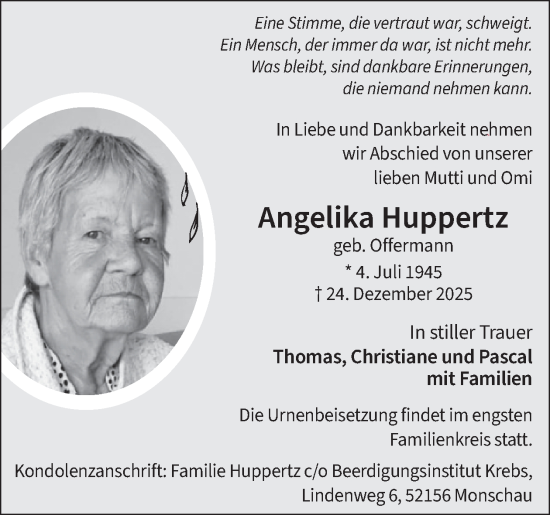 Traueranzeige von Angelika Huppertz von WochenSpiegel