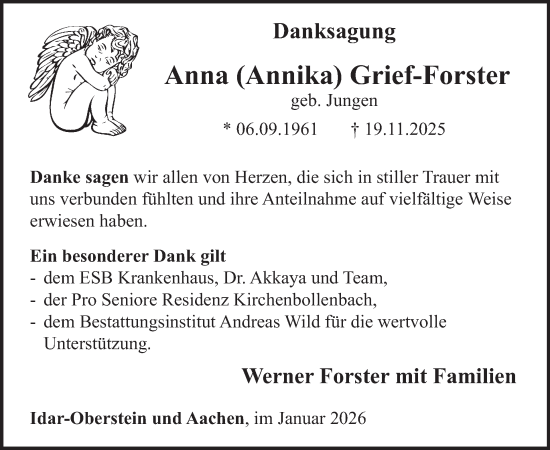 Traueranzeige von Anna Grief-Forster von WochenSpiegel