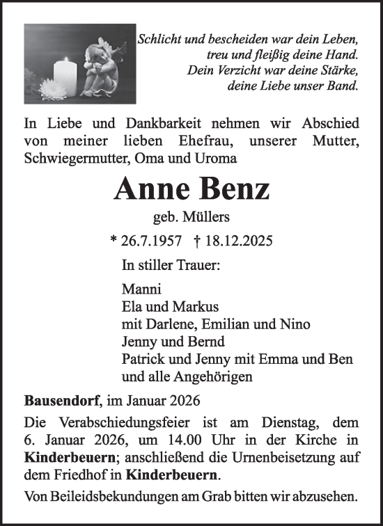 Traueranzeige von Anne Benz von WochenSpiegel
