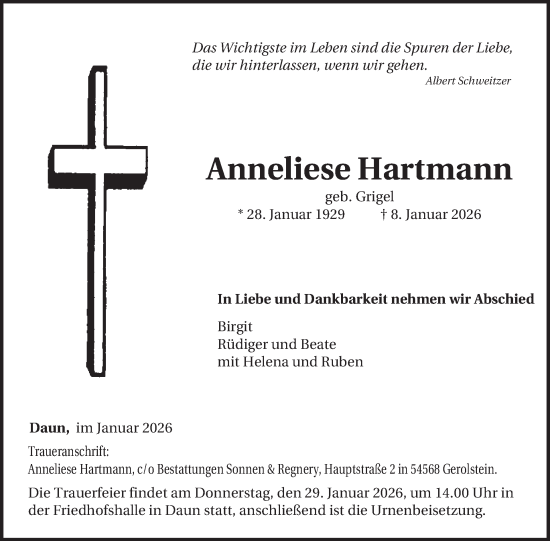 Traueranzeige von Anneliese Hartmann von WochenSpiegel