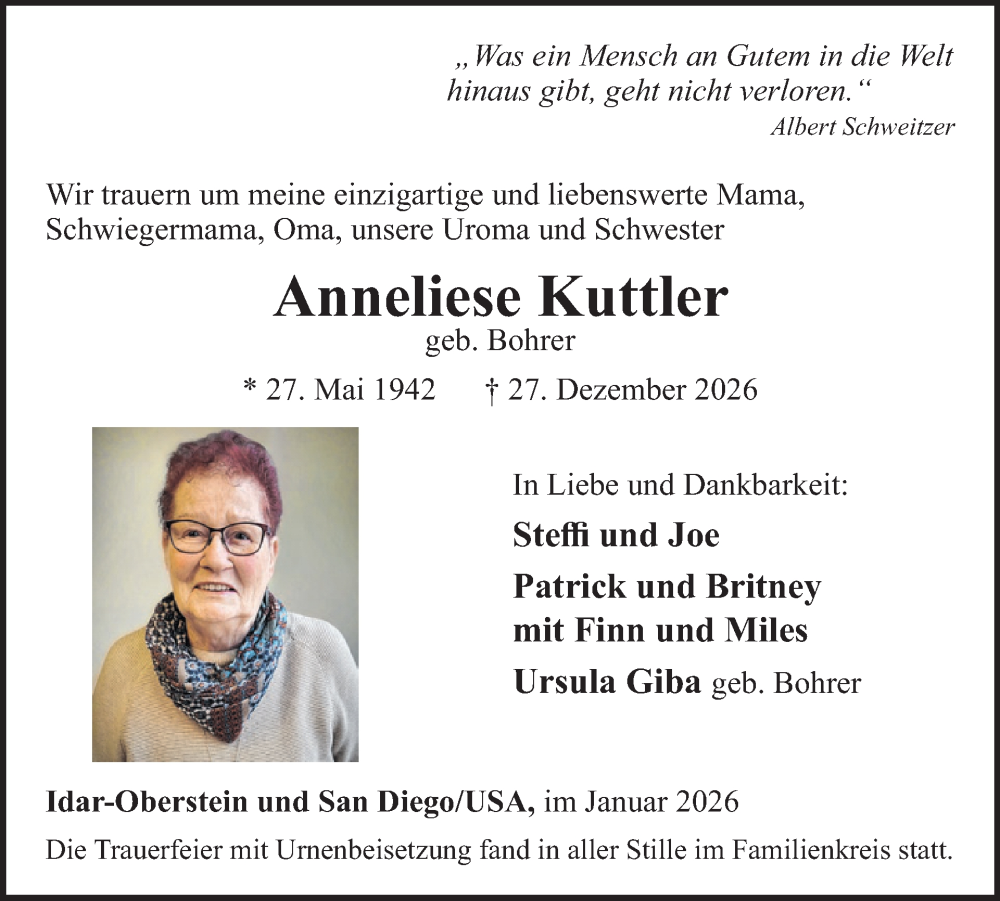  Traueranzeige für Anneliese Kuttler vom 24.01.2026 aus WochenSpiegel