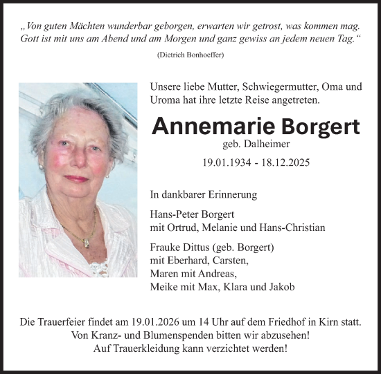 Traueranzeige von Annemarie Borgert von WochenSpiegel