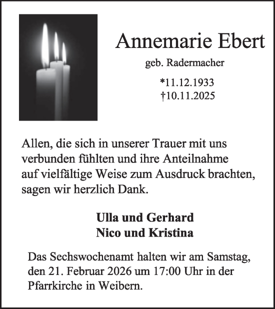 Traueranzeige von Annemarie Ebert von WochenSpiegel