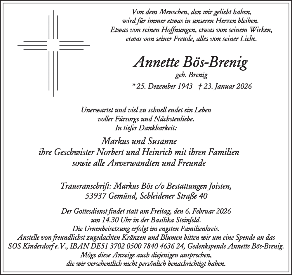  Traueranzeige für Annette Bös-Brenig vom 28.01.2026 aus WochenSpiegel