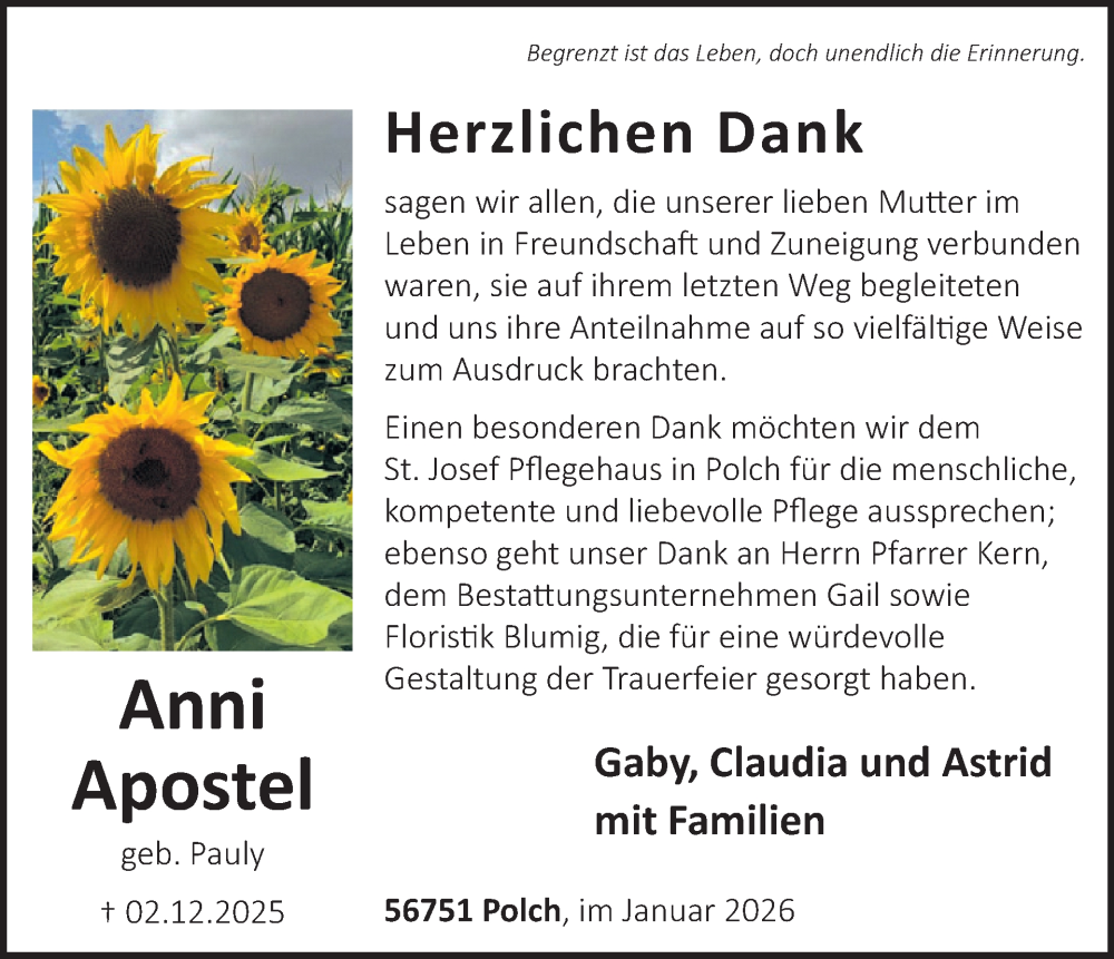  Traueranzeige für Anni Apostel vom 21.01.2026 aus WochenSpiegel