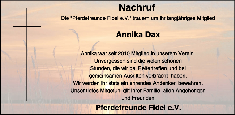  Traueranzeige für Annika Dax vom 17.01.2026 aus WochenSpiegel