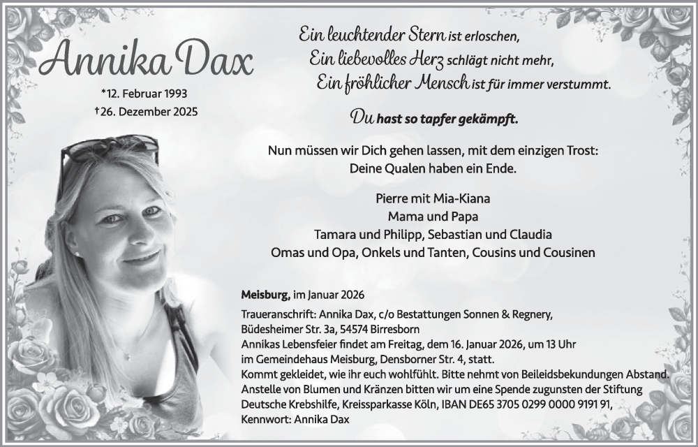  Traueranzeige für Annika Dax vom 10.01.2026 aus WochenSpiegel
