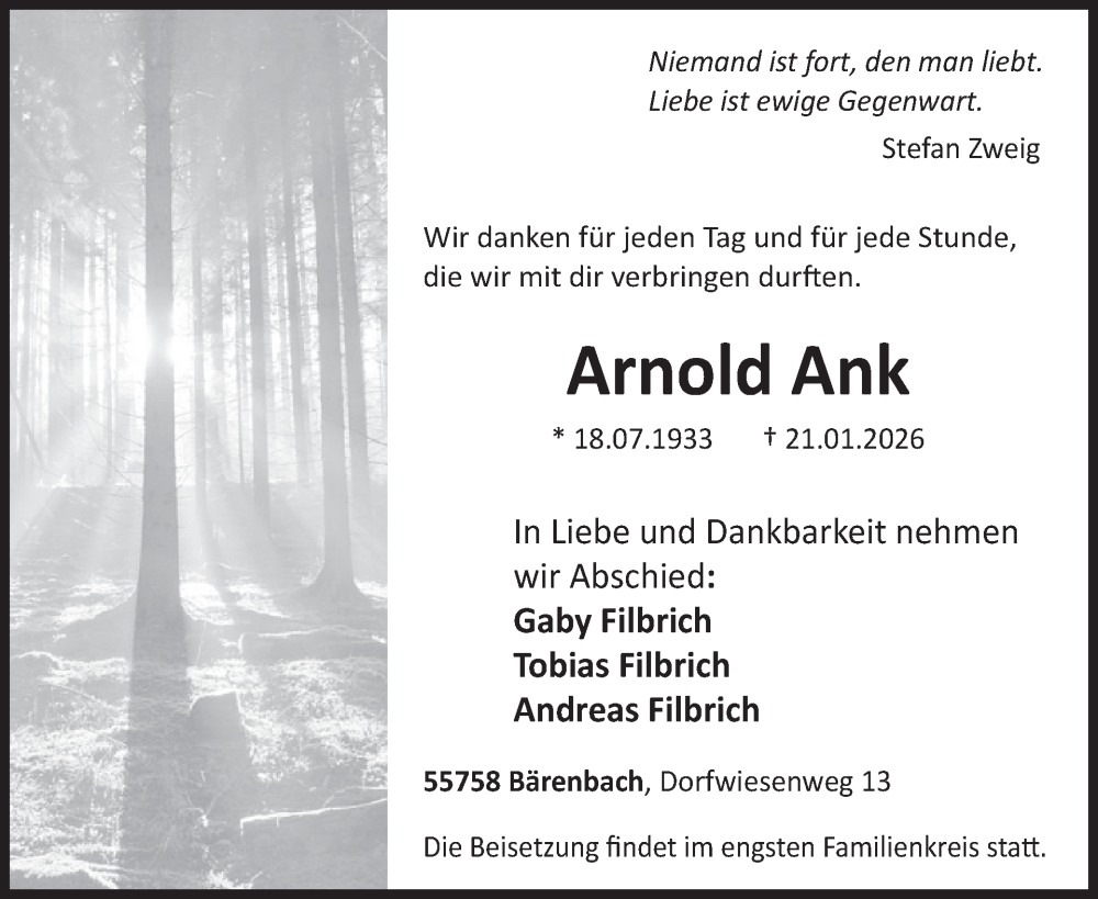 Traueranzeige für Arnold Ank vom 31.01.2026 aus WochenSpiegel