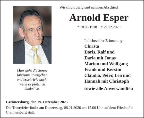 Traueranzeige von Arnold Esper von WochenSpiegel