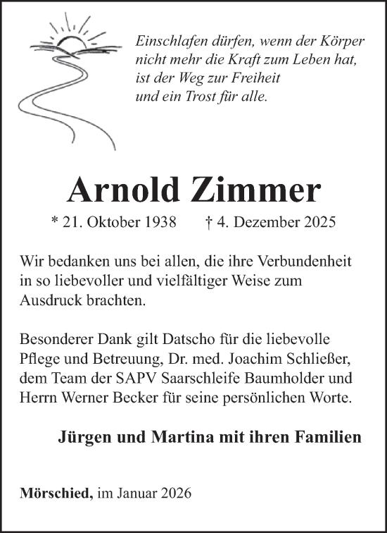 Traueranzeige von Arnold Zimmer von WochenSpiegel