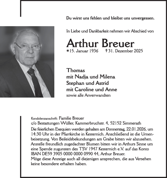 Traueranzeige von Arthur Breuer von WochenSpiegel