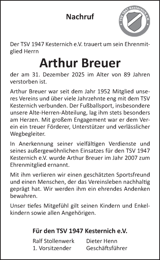  Traueranzeige für Arthur Breuer vom 21.01.2026 aus WochenSpiegel