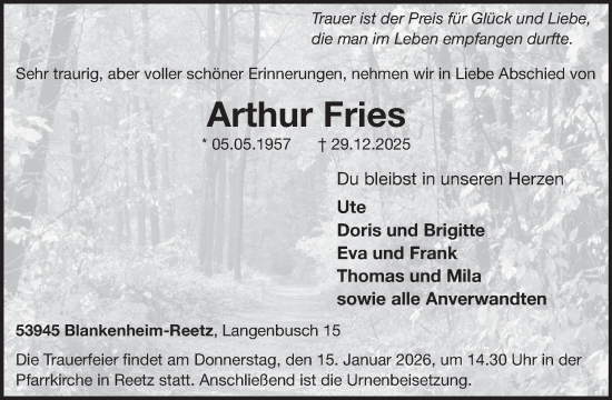 Traueranzeige von Arthur Fries von WochenSpiegel