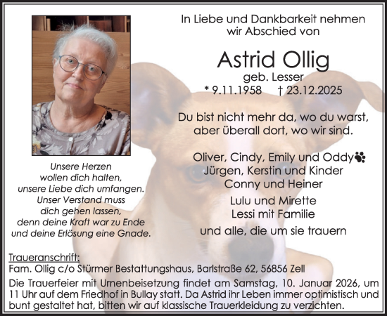 Traueranzeige von Astrid Ollig von WochenSpiegel