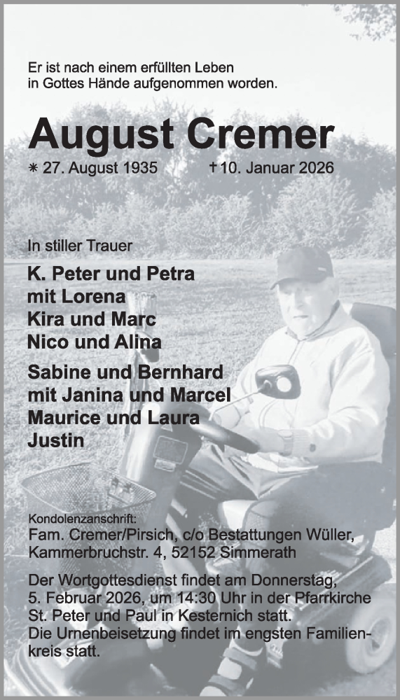  Traueranzeige für August Cremer vom 28.01.2026 aus WochenSpiegel