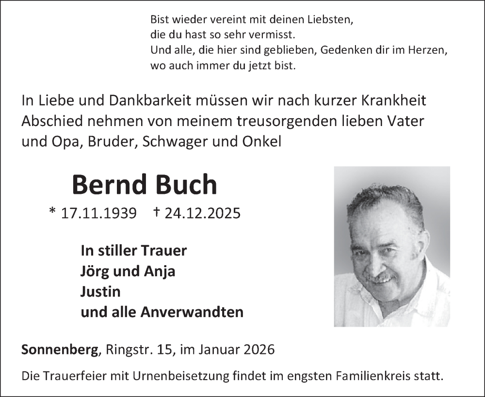  Traueranzeige für Bernd Buch vom 10.01.2026 aus WochenSpiegel