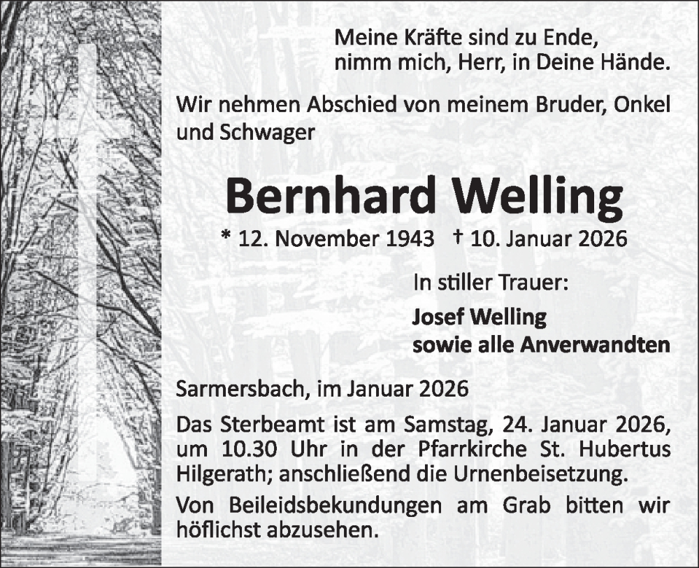  Traueranzeige für Bernhard Welling vom 24.01.2026 aus WochenSpiegel