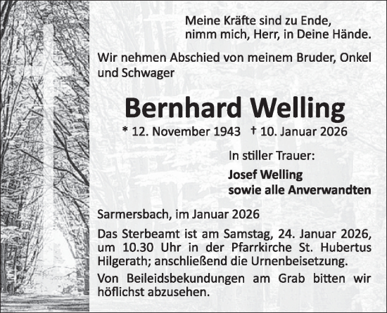 Traueranzeige von Bernhard Welling von WochenSpiegel