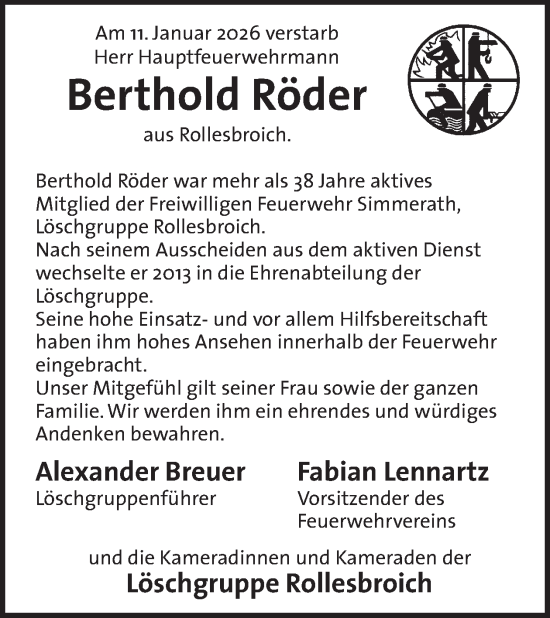 Traueranzeige von Berthold Röder von WochenSpiegel