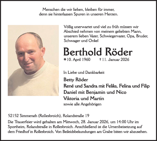 Traueranzeige von Berthold Röder von WochenSpiegel