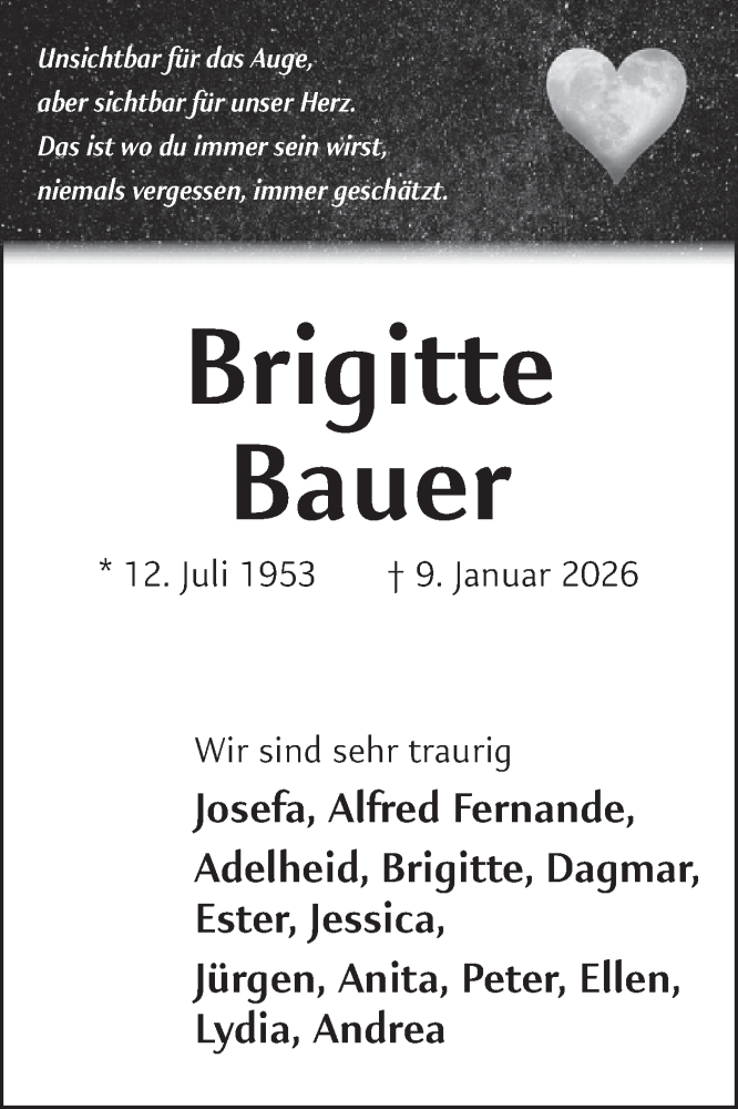  Traueranzeige für Brigitte Bauer vom 28.01.2026 aus WochenSpiegel