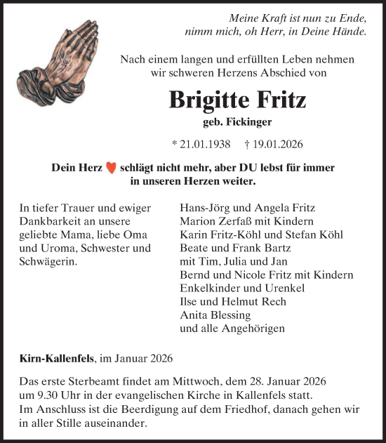 Traueranzeige von Brigitte Fritz von WochenSpiegel