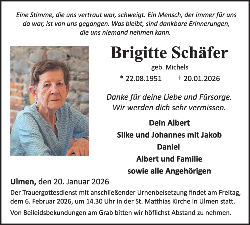  Traueranzeige für Brigitte Schäfer vom 28.01.2026 aus WochenSpiegel