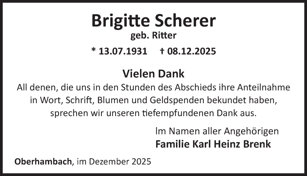  Traueranzeige für Brigitte Scherer vom 31.01.2026 aus WochenSpiegel