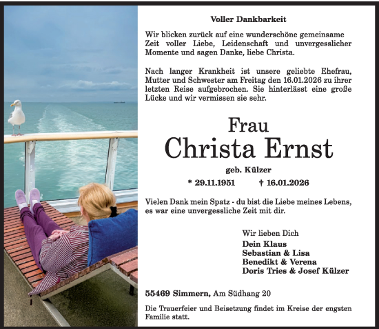 Traueranzeige von Christa Ernst von WochenSpiegel