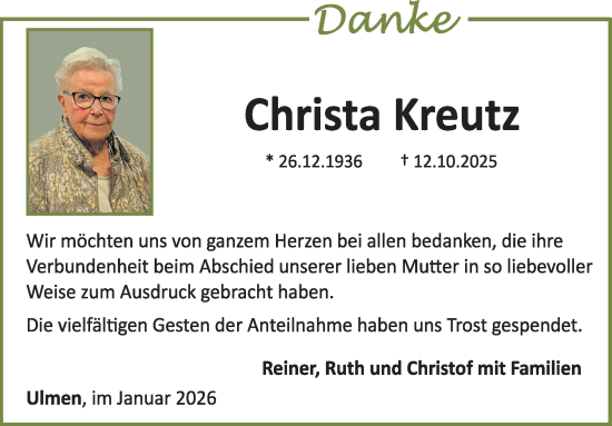Traueranzeige von Christa Kreutz von WochenSpiegel