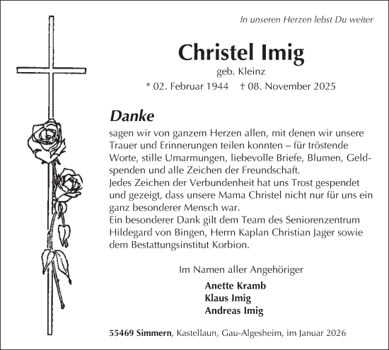 Traueranzeige von Christel Imig von WochenSpiegel