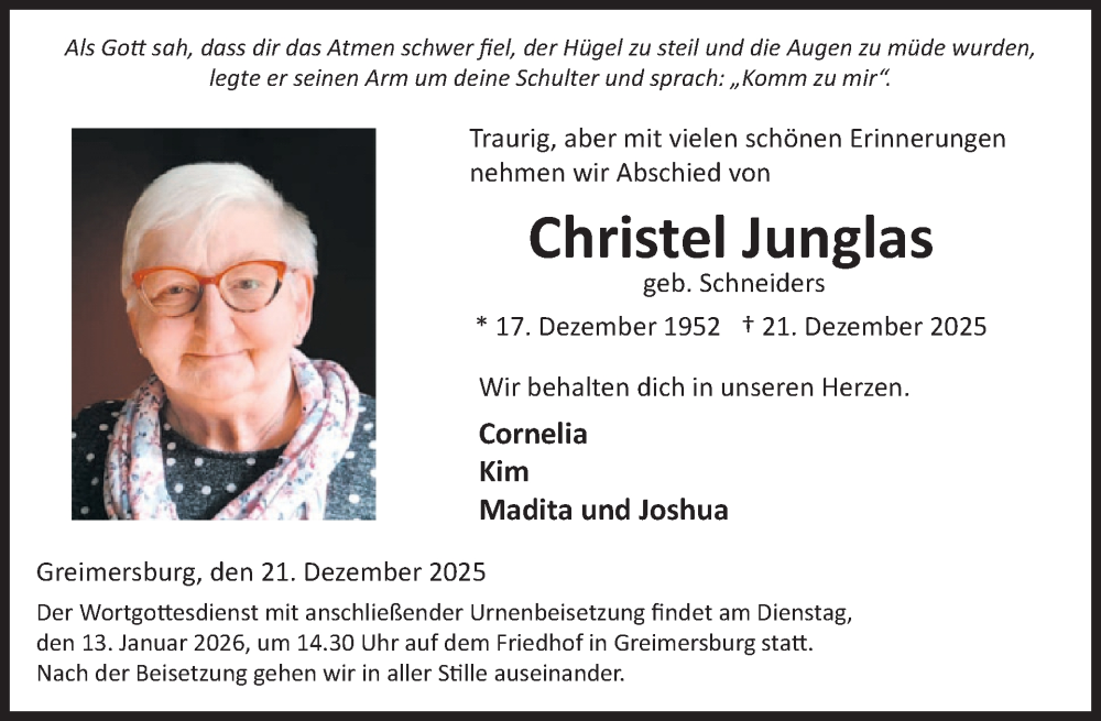  Traueranzeige für Christel Junglas vom 07.01.2026 aus WochenSpiegel