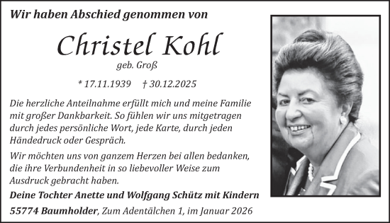 Traueranzeige von Christel Kohl von WochenSpiegel