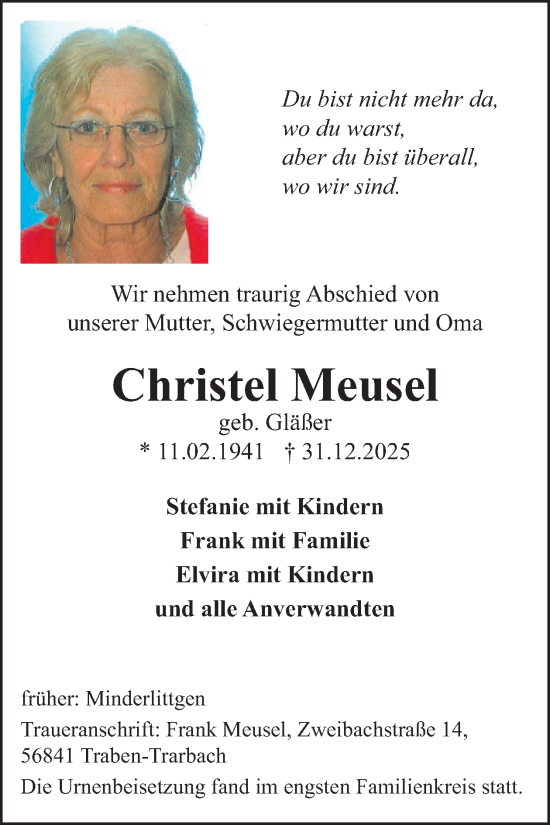Traueranzeige von Christel Meusel von WochenSpiegel